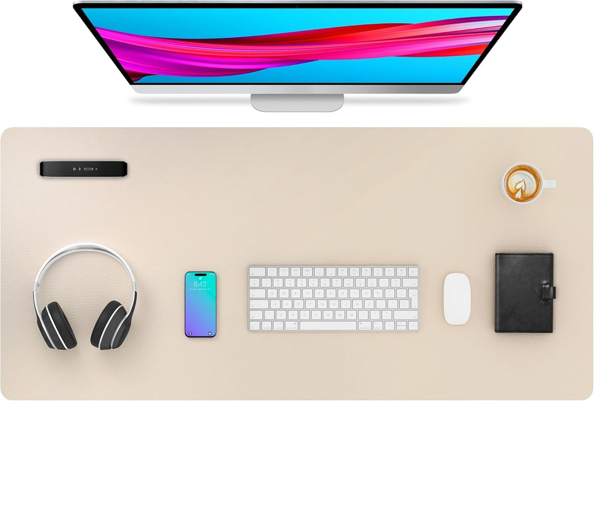 DeskGuard beige desk mat.